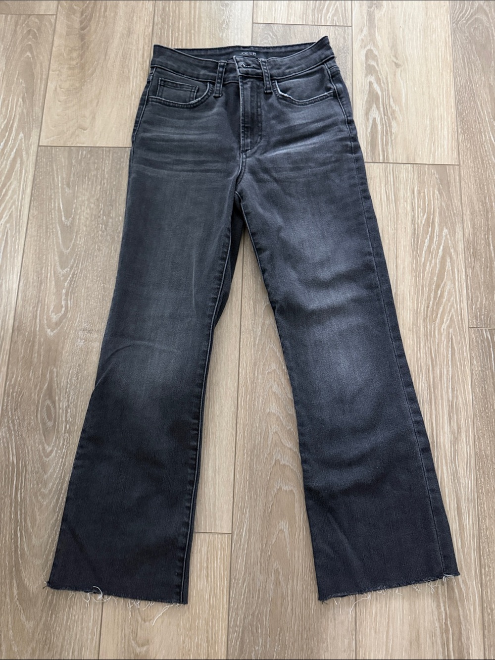 Joe’s jeans high rise crop boot jeans, washed black color size 24, raw hem